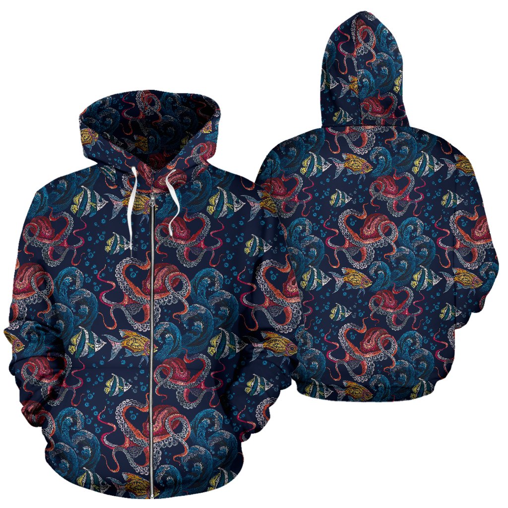 Octopus Deep Sea Print Themed Zip Up Hoodie