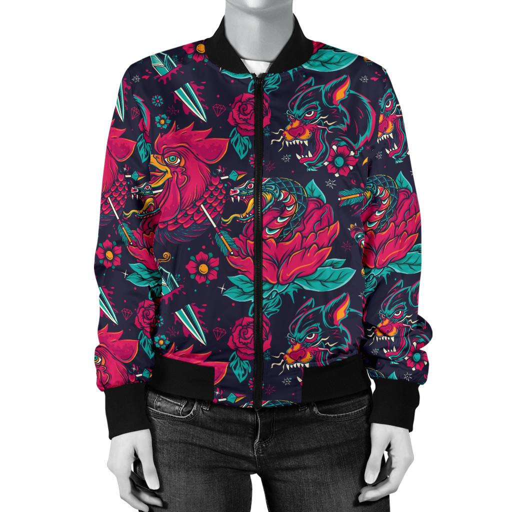 Old School Tattoo Print Women Casual Bomber Jacket