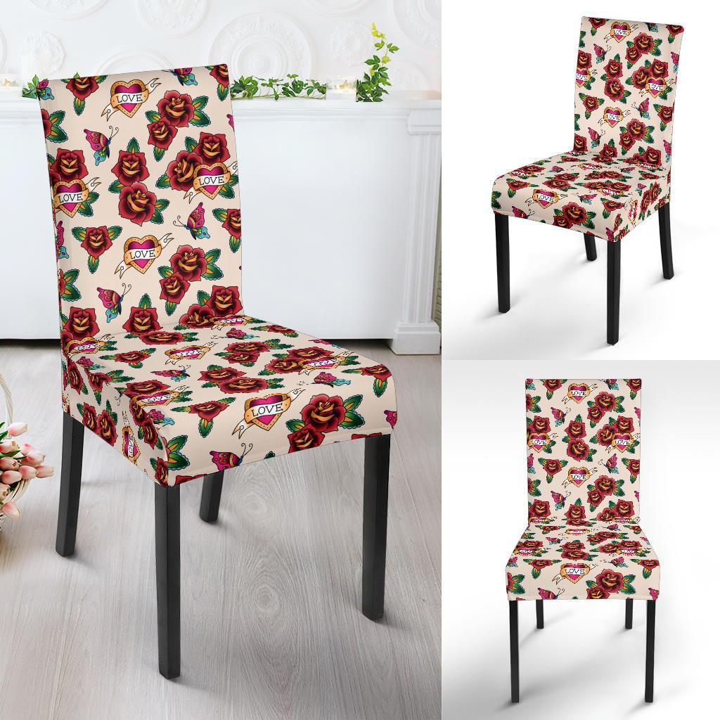 Old School Tattoo Rose Pattern Dining Chair Slipcover-JTAMIGO.COM