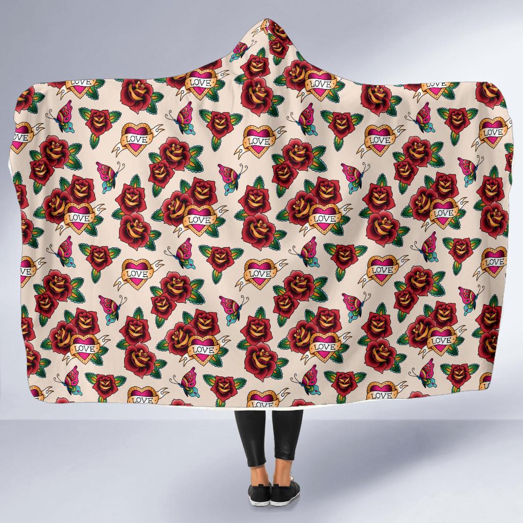 Old School Tattoo Rose Pattern Hooded Blanket-JTAMIGO.COM