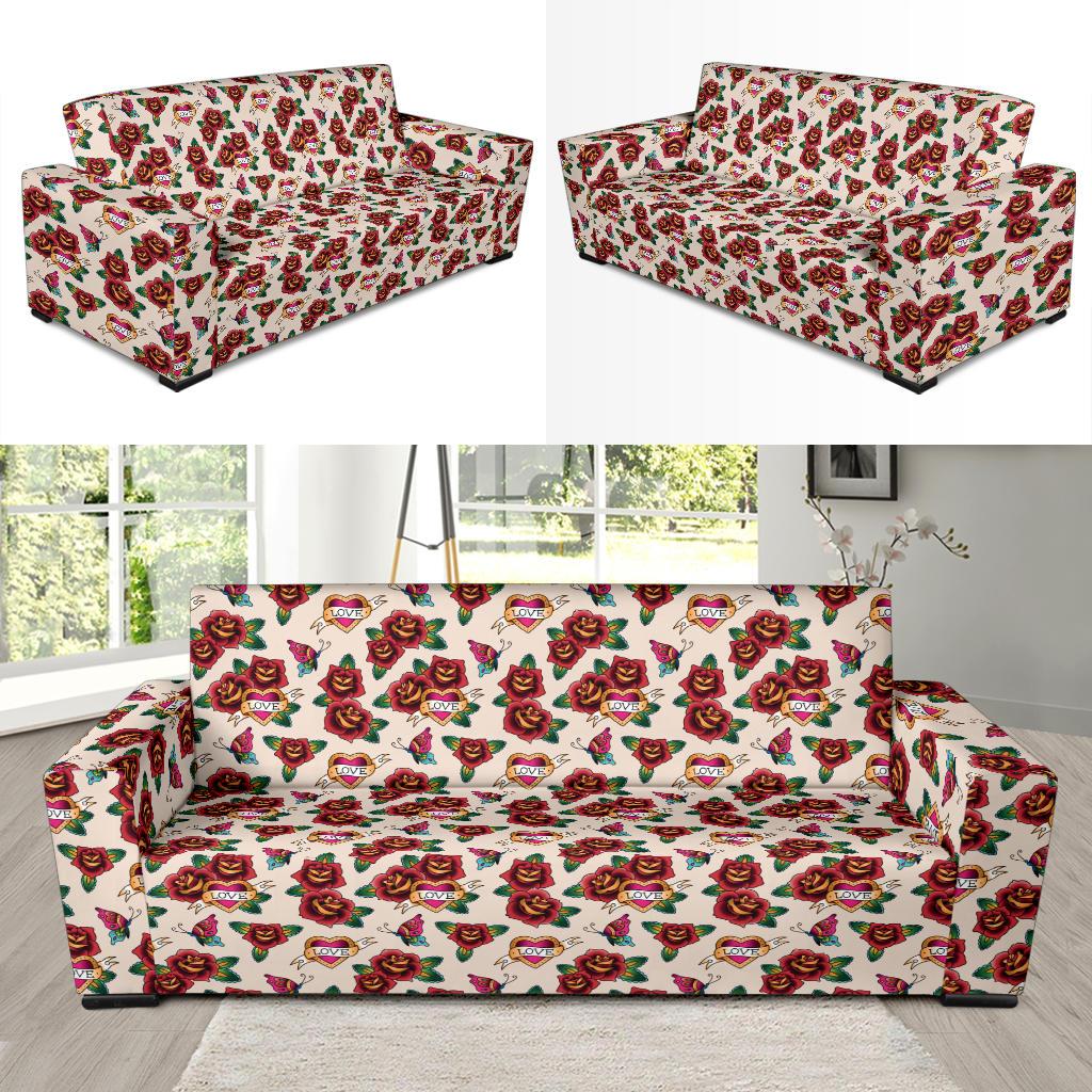 Old School Tattoo Rose Pattern Sofa Slipcover-JTAMIGO.COM