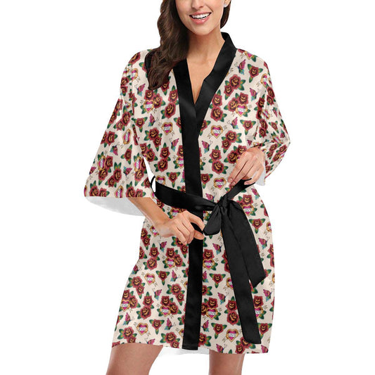 Old School Tattoo Rose Pattern Women Short Kimono Robe