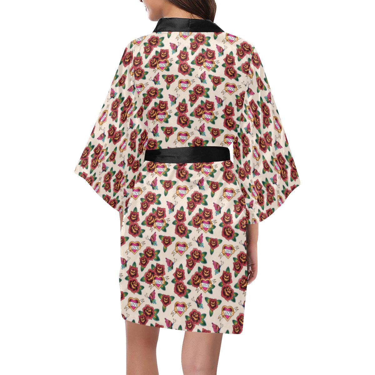 Old School Tattoo Rose Pattern Women Short Kimono Robe
