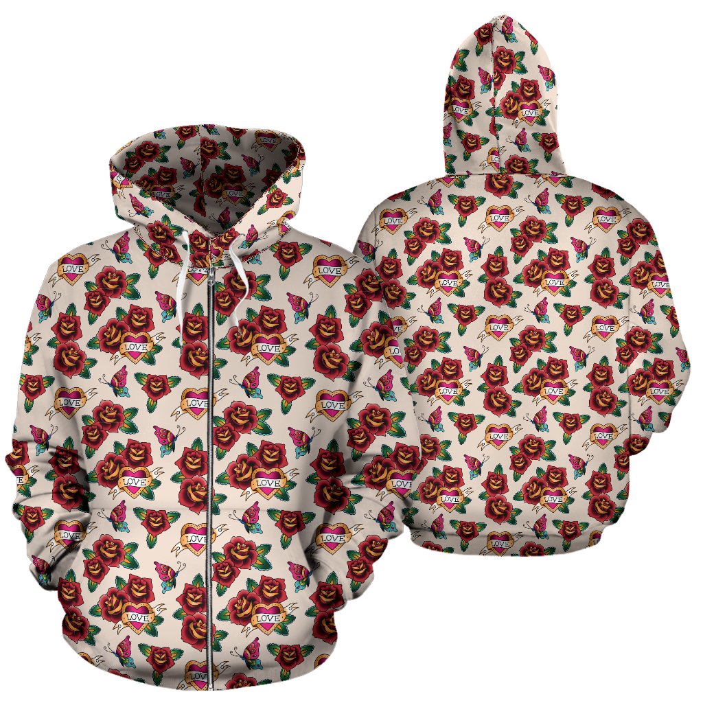 Old School Tattoo Rose Pattern Zip Up Hoodie