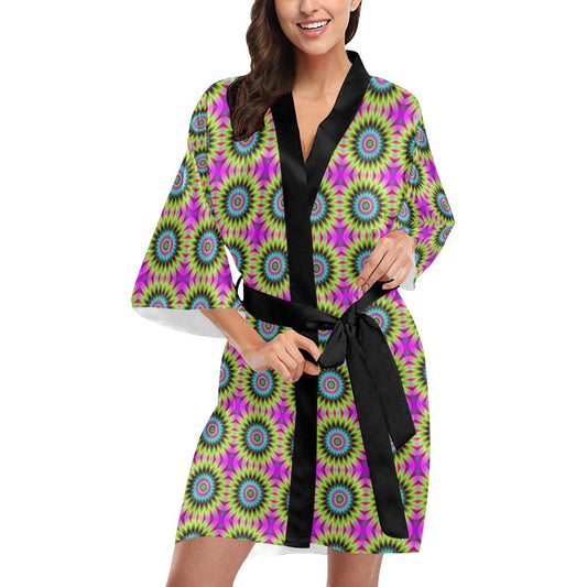 Optical illusion Flower Rainbow Style Women Short Kimono Robe