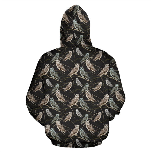 Owl Branch Themed Design Print Pullover Hoodie