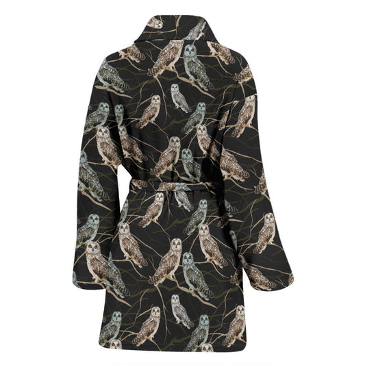 Owl Branch Themed Design Print Women Bath Robe-JTAMIGO.COM