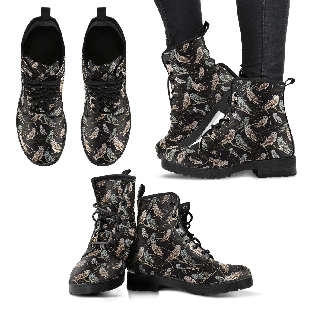 Owl Branch Themed Design Print Women Leather Boots-JTAMIGO.COM