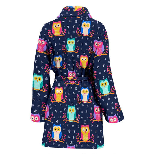 Owl Cute Themed Design Print Women Bath Robe-JTAMIGO.COM