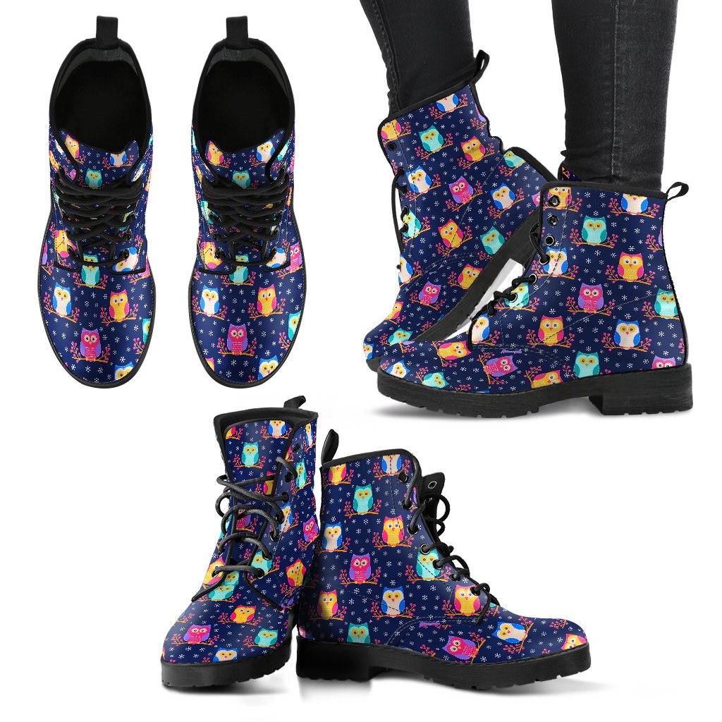Owl Cute Themed Design Print Women Leather Boots-JTAMIGO.COM