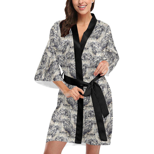 Owl Realistic Themed Design Print Women Short Kimono Robe