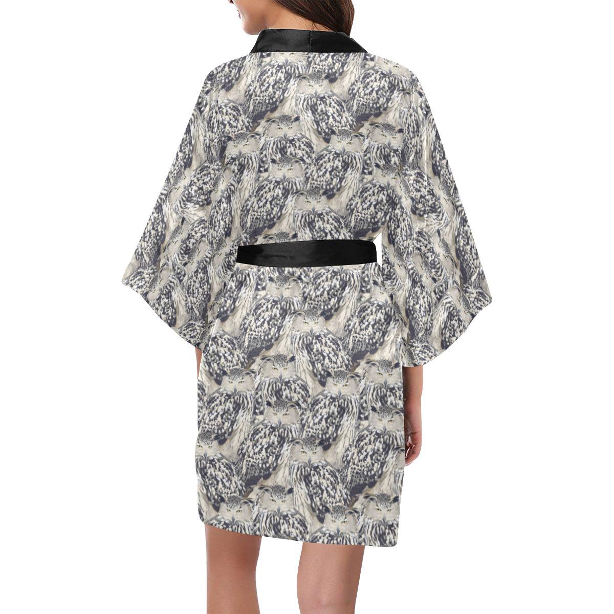 Owl Realistic Themed Design Print Women Short Kimono Robe