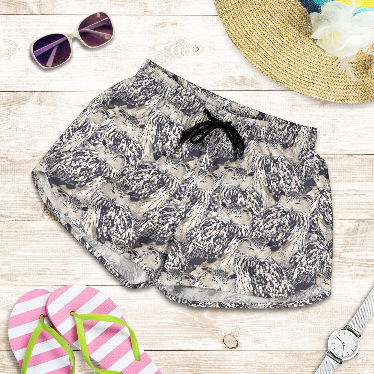 Owl Realistic Themed Design Print Women Shorts-JTAMIGO.COM