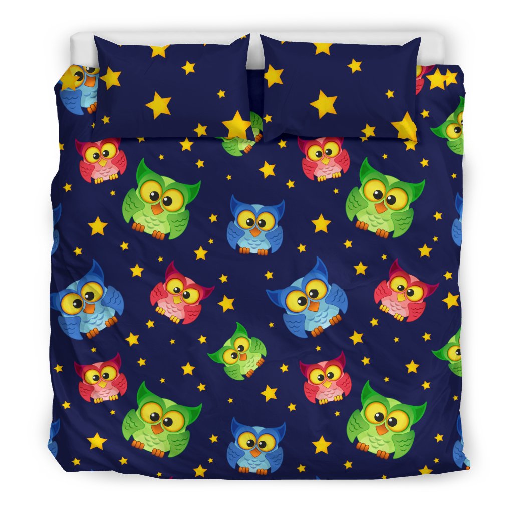 Owl With Star Themed Design Print Duvet Cover Bedding Set