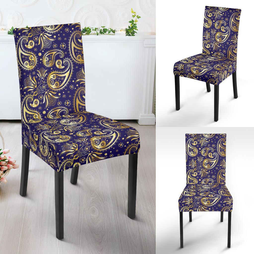 Paisley Blue Yellow Design Print Dining Chair Slipcover-JTAMIGO.COM