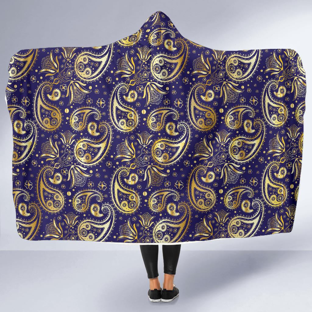 Paisley Blue Yellow Design Print Hooded Blanket-JTAMIGO.COM