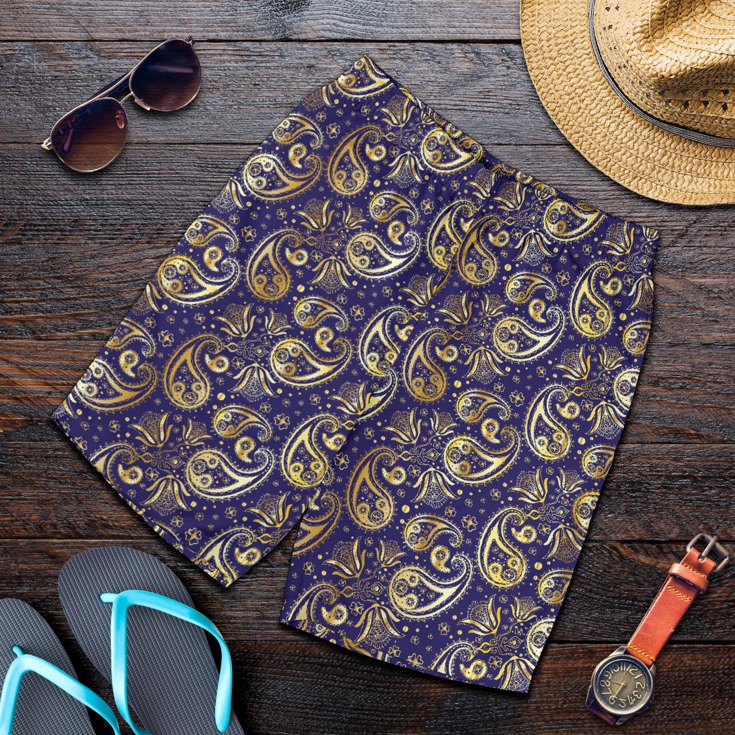 Paisley Blue Yellow Design Print Mens Shorts-JTAMIGO.COM