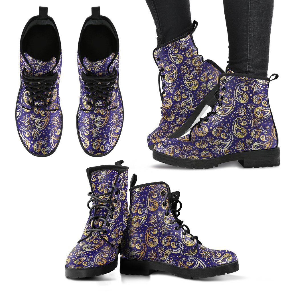 Paisley Blue Yellow Design Print Women Leather Boots-JTAMIGO.COM
