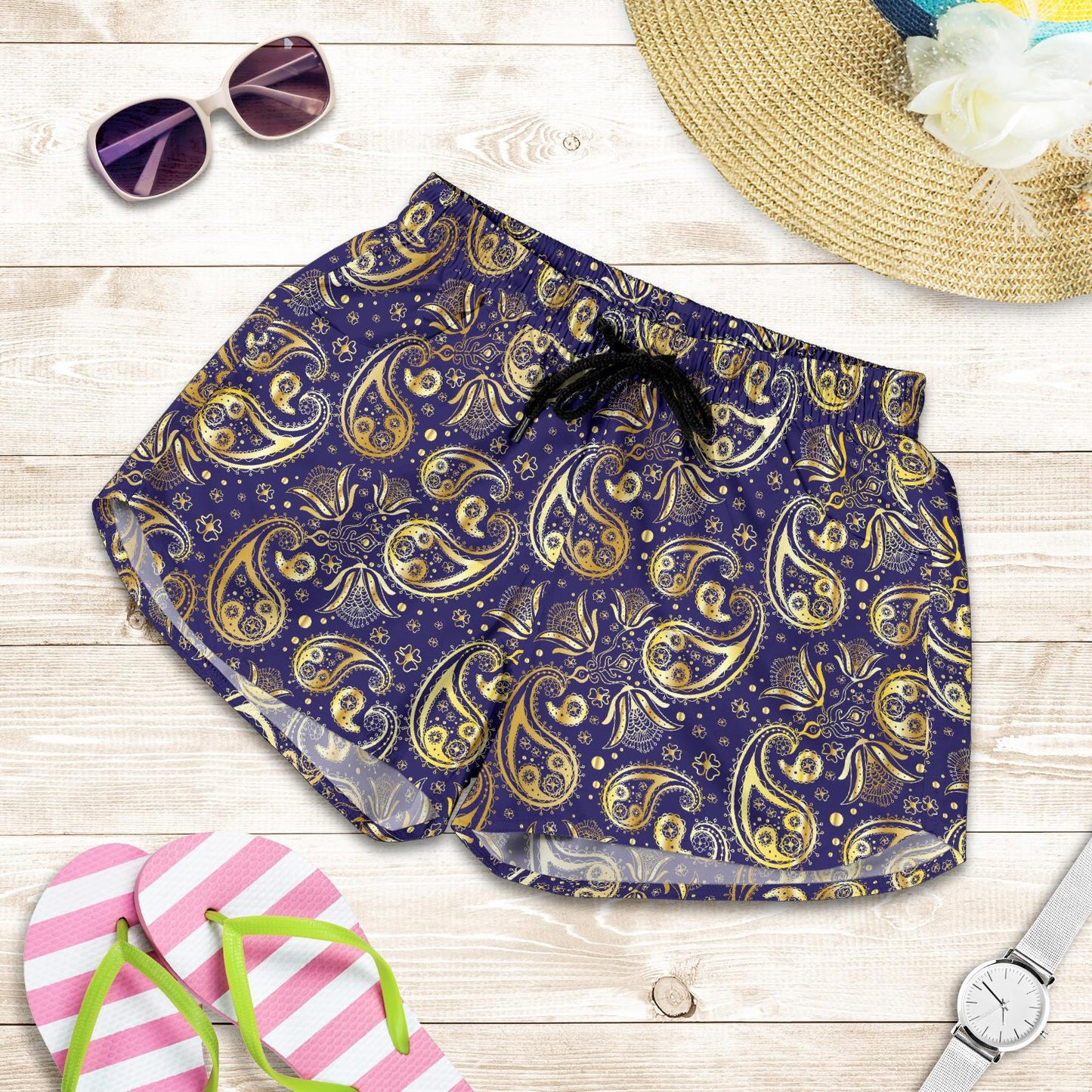 Paisley Blue Yellow Design Print Women Shorts-JTAMIGO.COM