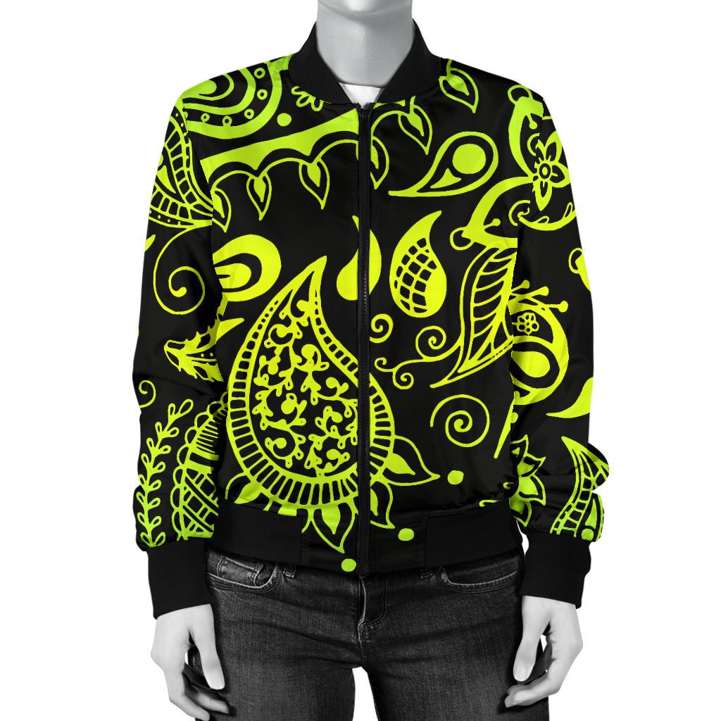 Paisley Green Design Print Women Casual Bomber Jacket