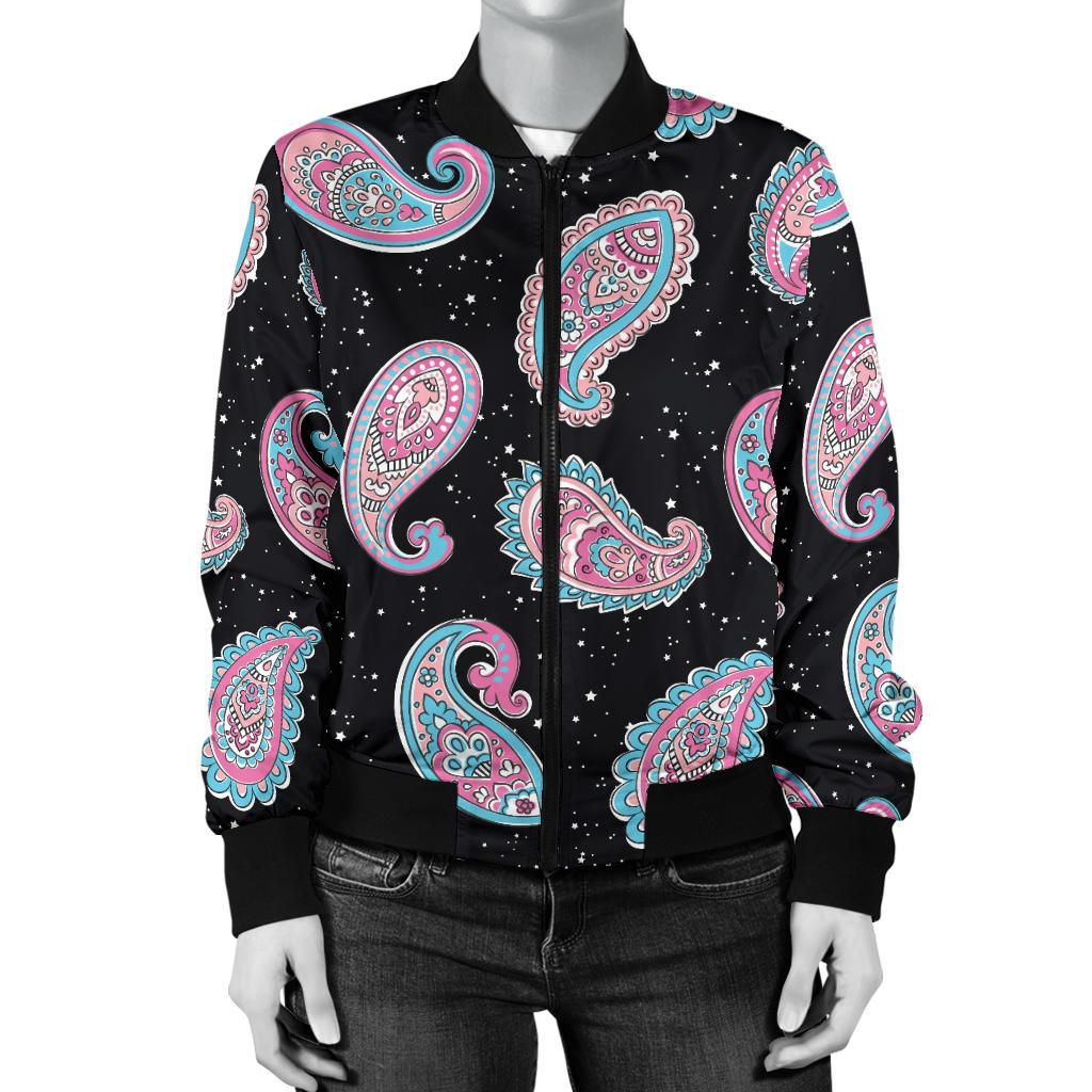 Paisley Pink Design Mandala Print Women Casual Bomber Jacket
