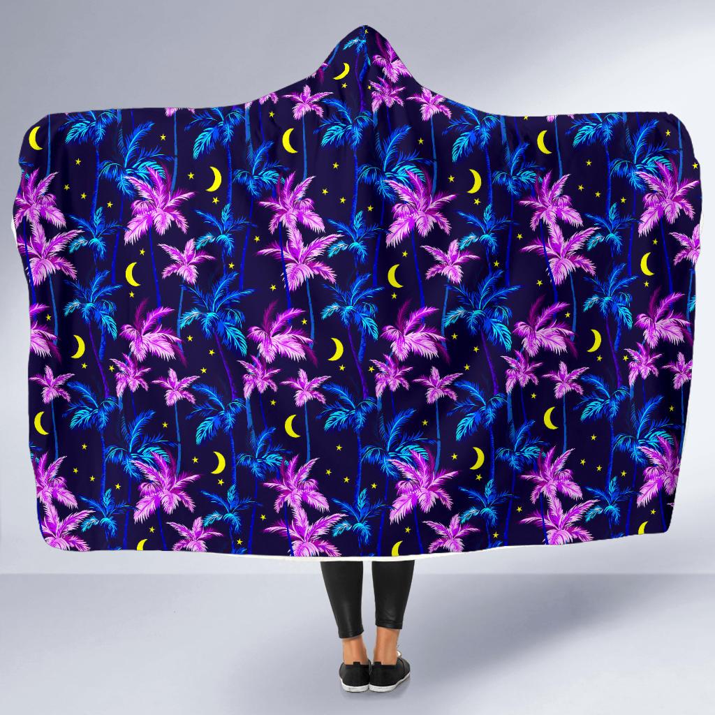 Palm Tree Night Scene Design Print Hooded Blanket-JTAMIGO.COM