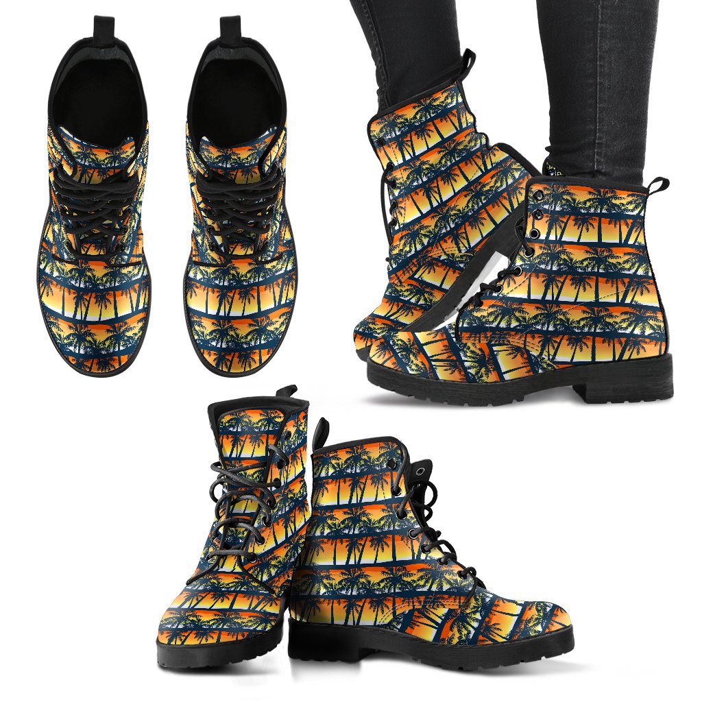 Palm Tree Sunset Design Print Women Leather Boots-JTAMIGO.COM
