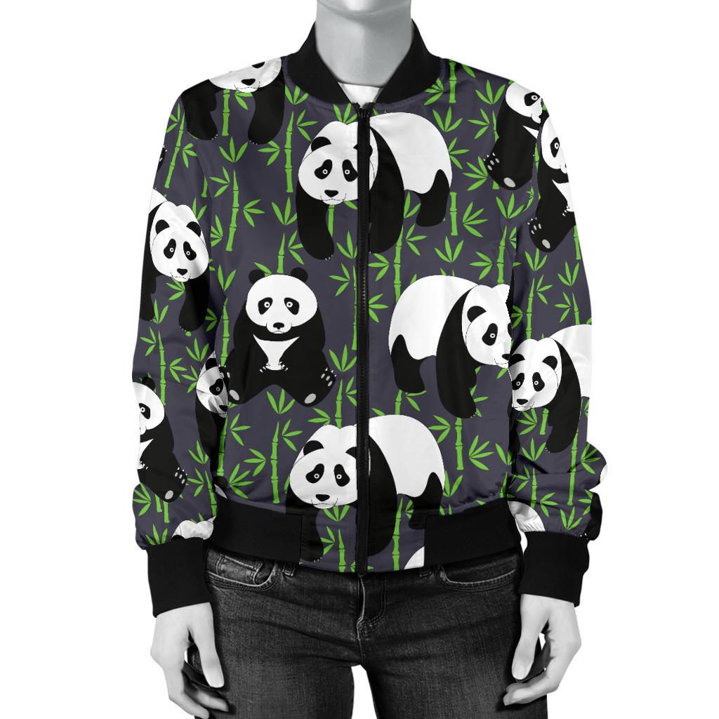 Panda Bear Bamboo Themed Print Women Casual Bomber Jacket