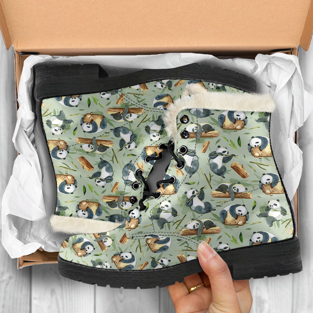 Panda Bear Design Bamboo Print Faux Fur Leather Boots-JTAMIGO.COM
