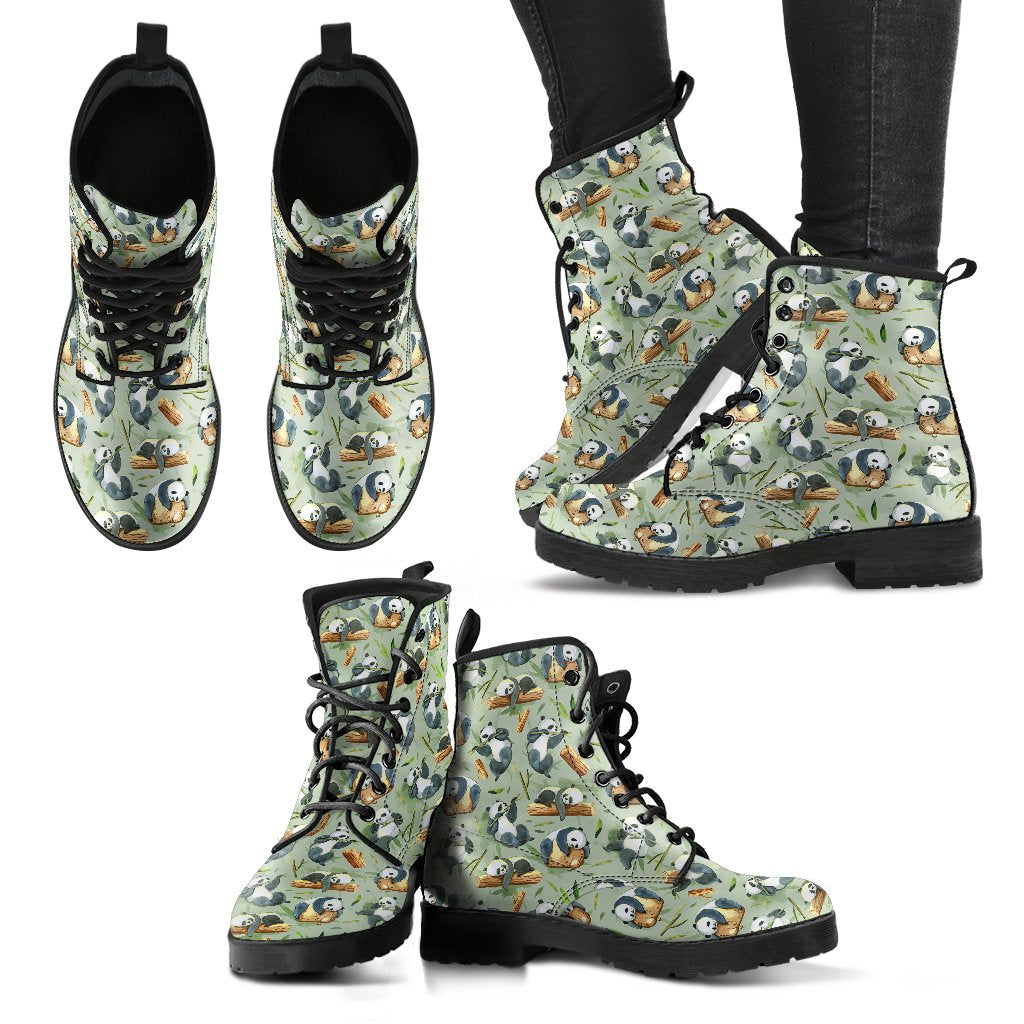 Panda Bear Design Bamboo Print Women Leather Boots-JTAMIGO.COM