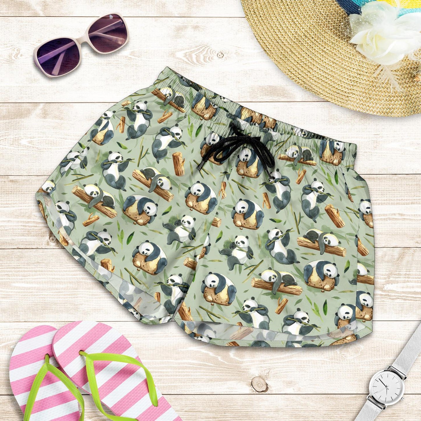 Panda Bear Design Bamboo Print Women Shorts-JTAMIGO.COM