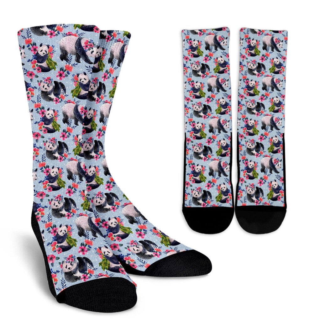 Panda Bear Flower Design Themed Print Crew Socks