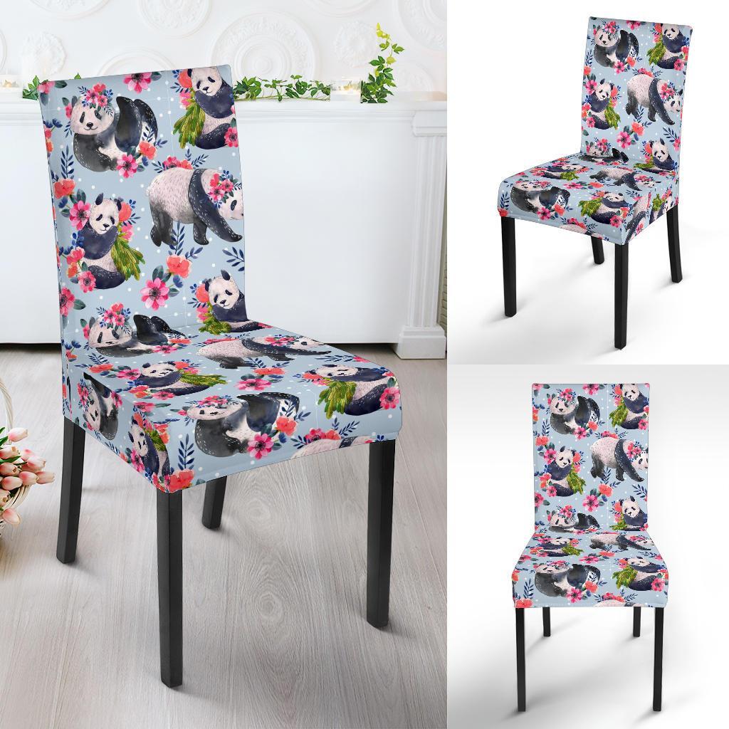 Panda Bear Flower Design Themed Print Dining Chair Slipcover-JTAMIGO.COM