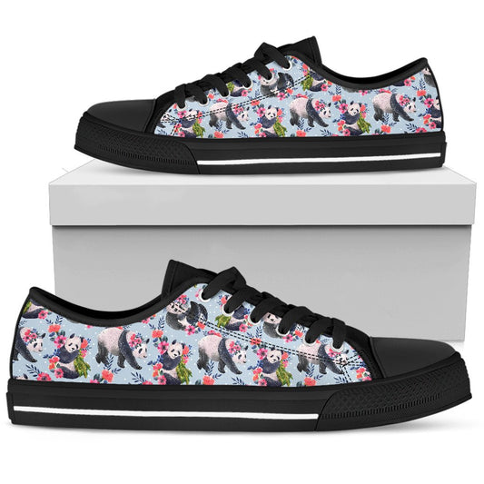 Panda Bear Flower Design Themed Print Women Low Top Shoes-JTAMIGO.COM