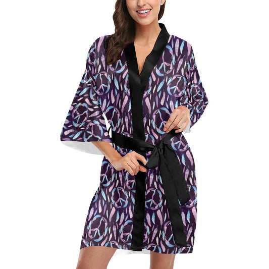 Peace Sign Feather Design Print Women Short Kimono Robe
