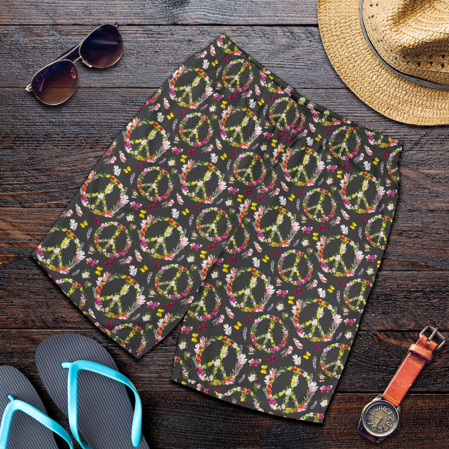 Peace Sign flowers Design Print Mens Shorts-JTAMIGO.COM
