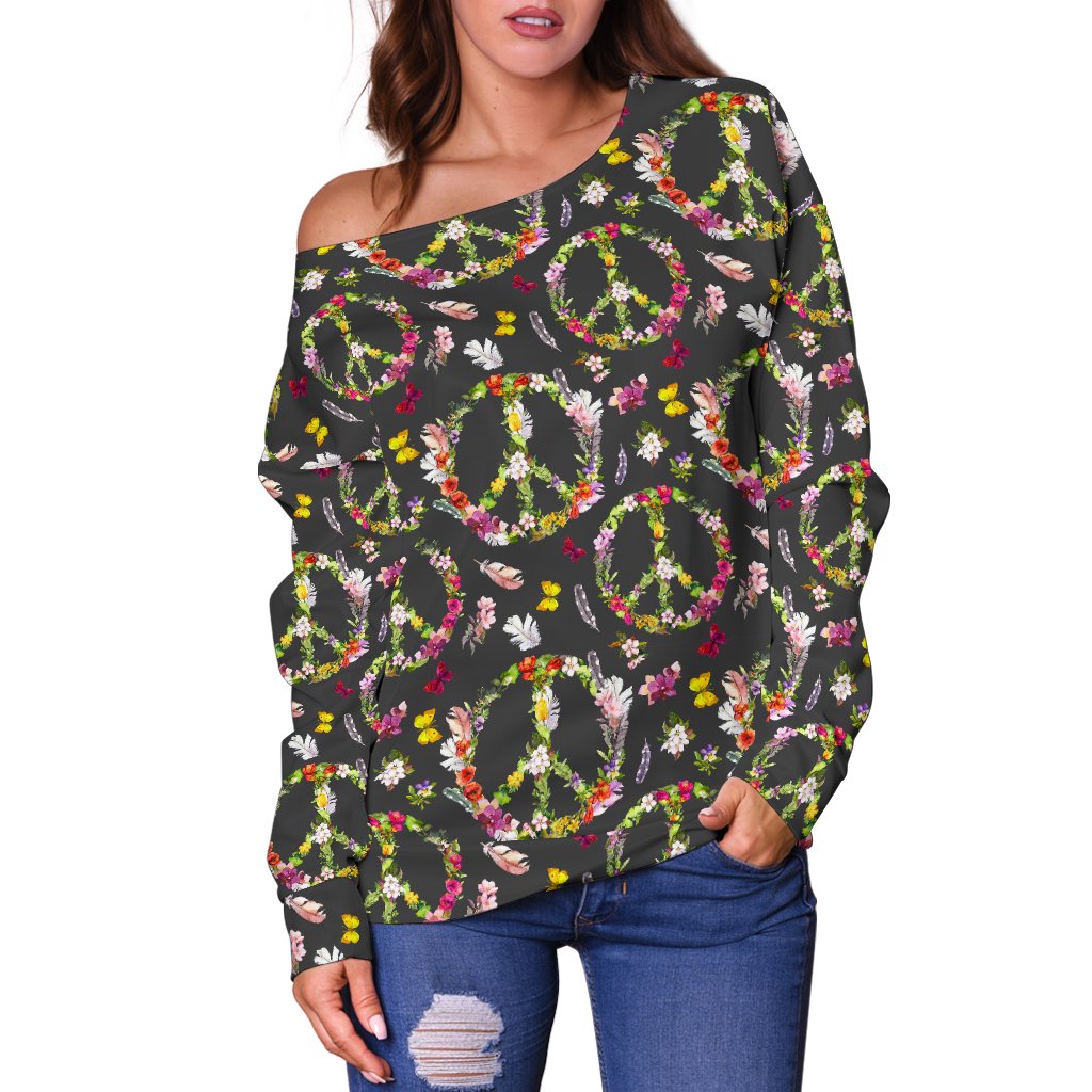 Peace Sign Flowers Design Print Off Shoulder Sweatshirt