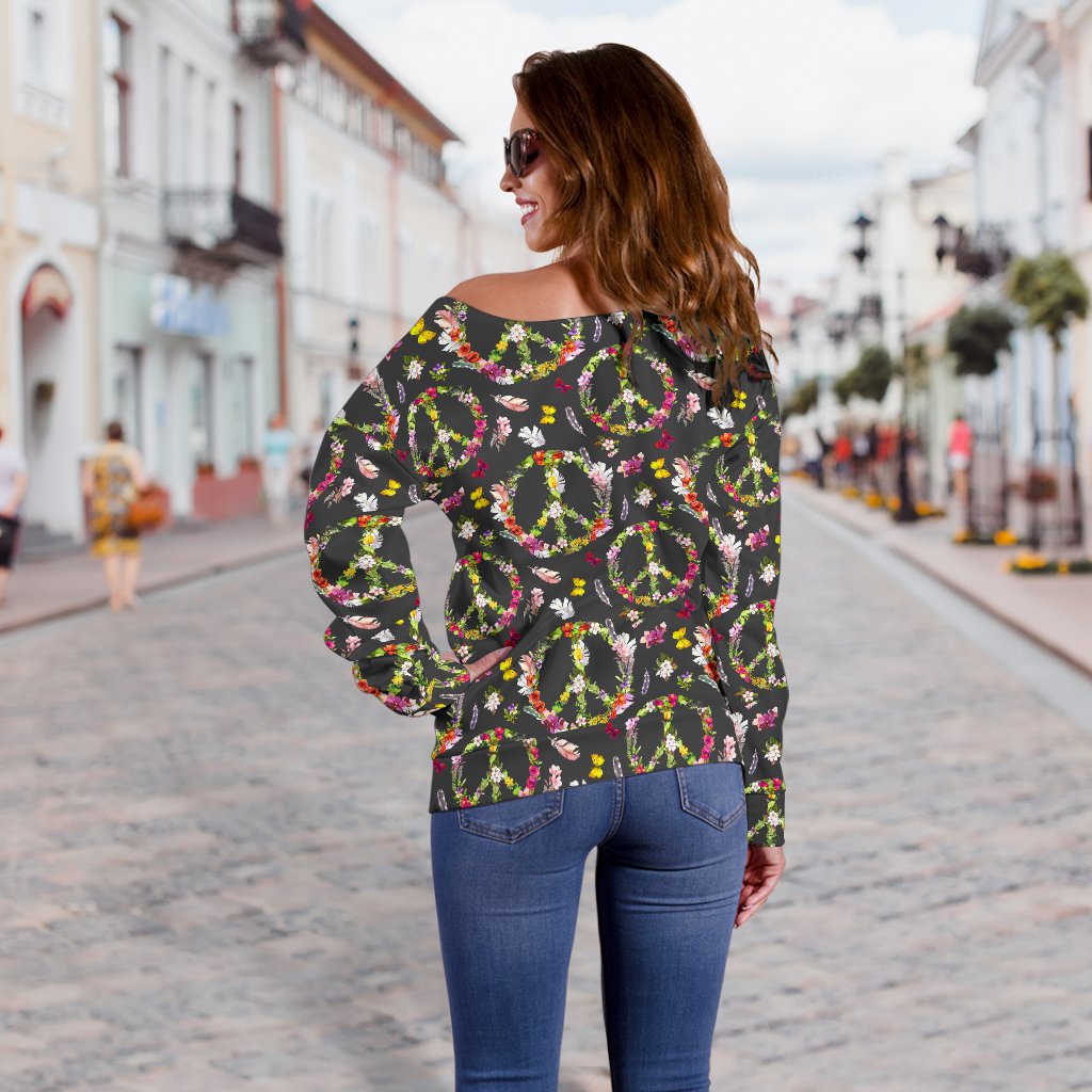 Peace Sign Flowers Design Print Off Shoulder Sweatshirt