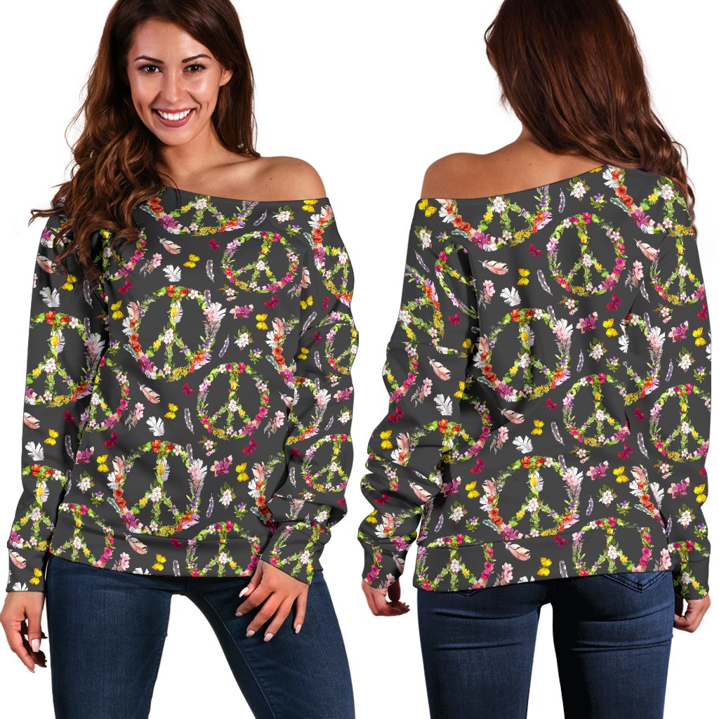 Peace Sign Flowers Design Print Off Shoulder Sweatshirt