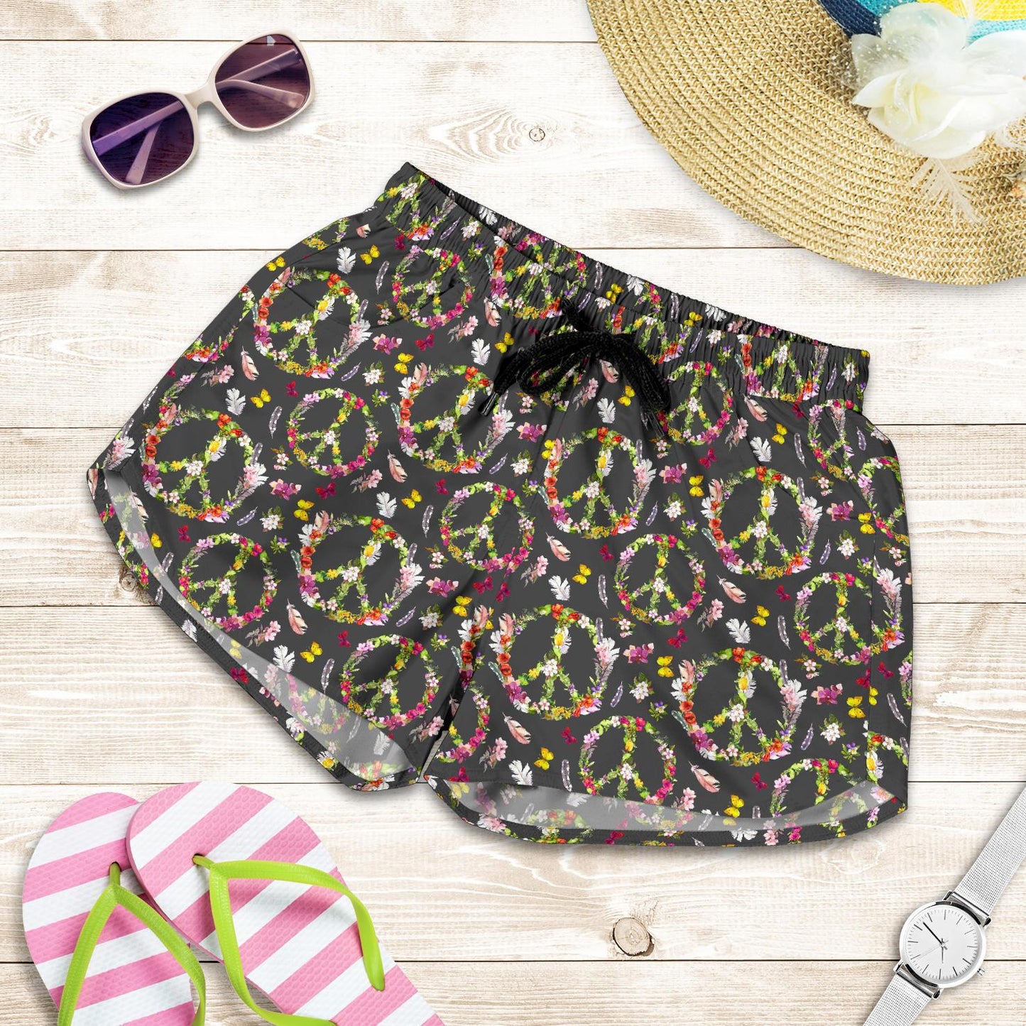 Peace Sign flowers Design Print Women Shorts-JTAMIGO.COM