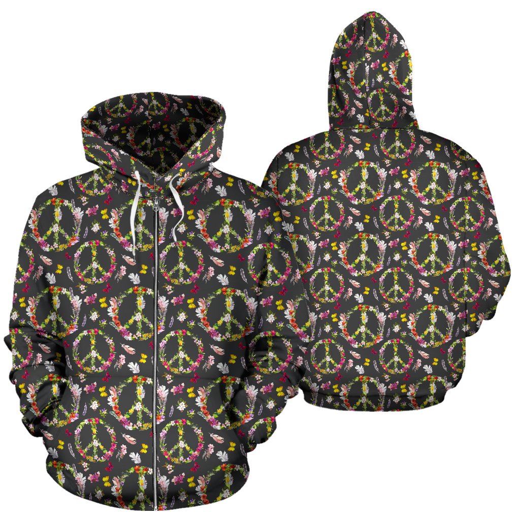 Peace Sign Flowers Design Print Zip Up Hoodie