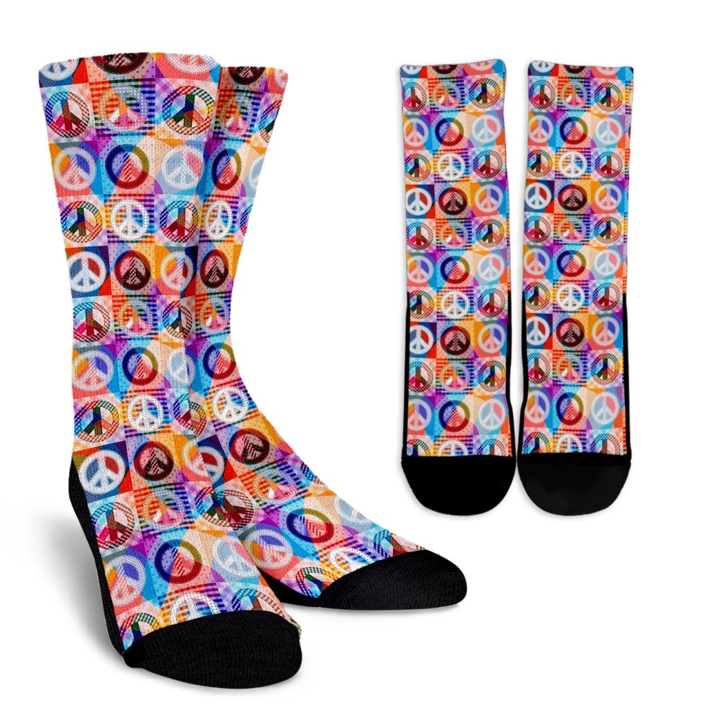 Peace Sign Patchwork Design Print Crew Socks