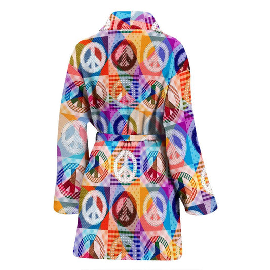Peace Sign Patchwork Design Print Women Bath Robe-JTAMIGO.COM