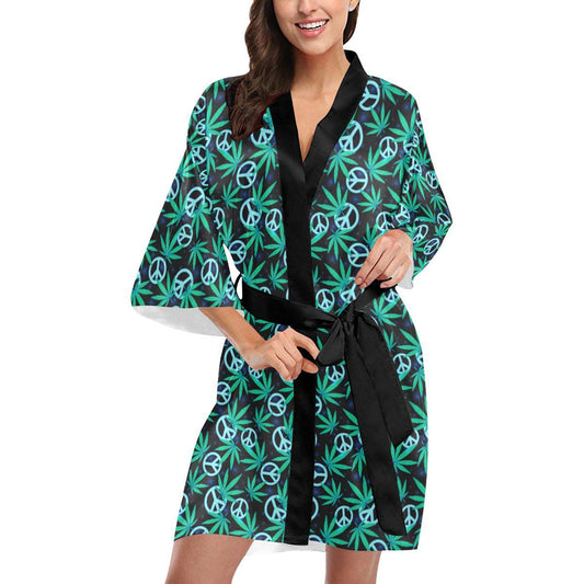 Peace Sign Themed Design Print Women Short Kimono Robe