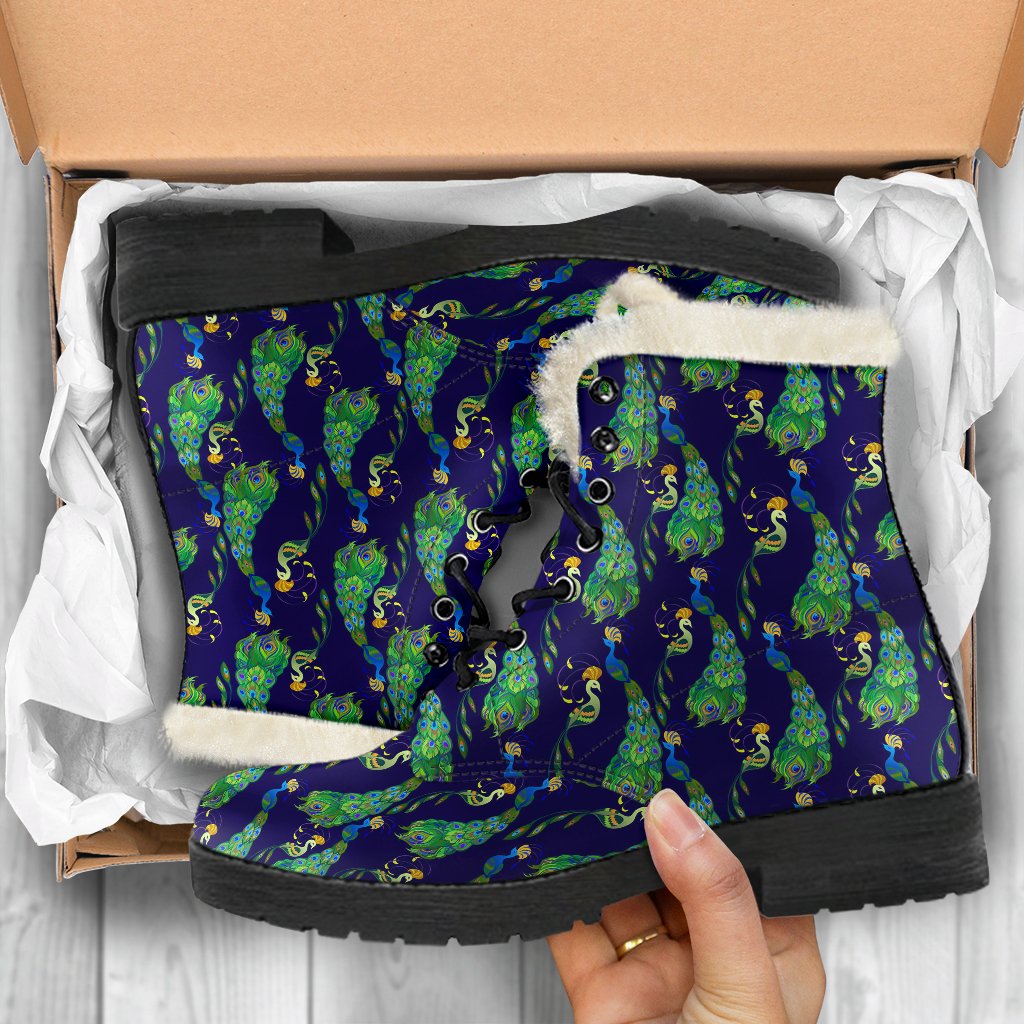 Peacock Art Design Print Faux Fur Leather Boots-JTAMIGO.COM