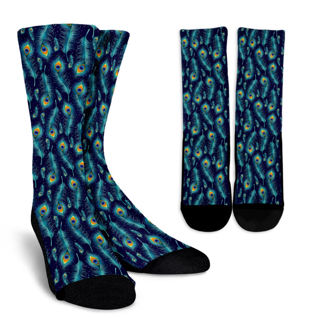 Peacock Feather Blue Design Print Crew Socks