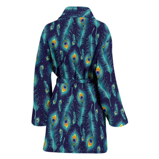 Peacock Feather Blue Design Print Women Bath Robe-JTAMIGO.COM