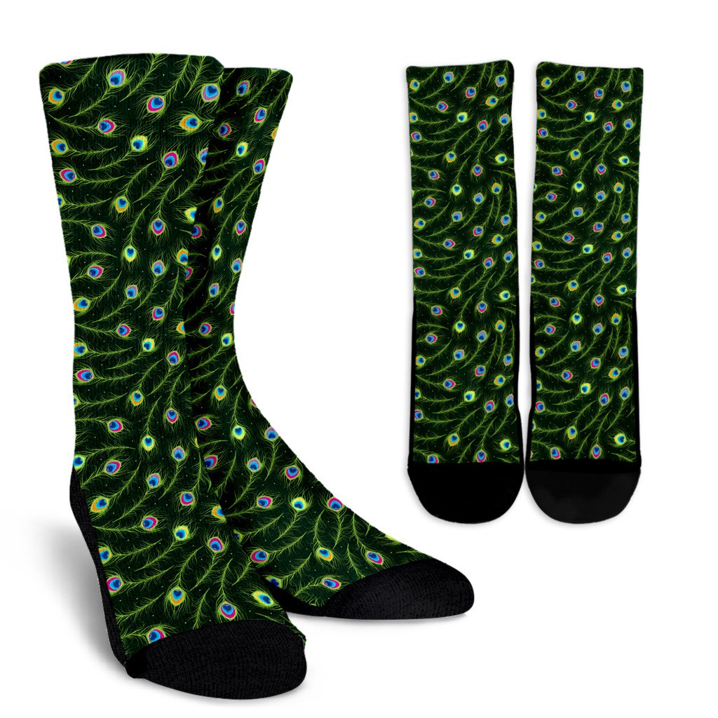 Peacock Feather Green Design Print Crew Socks