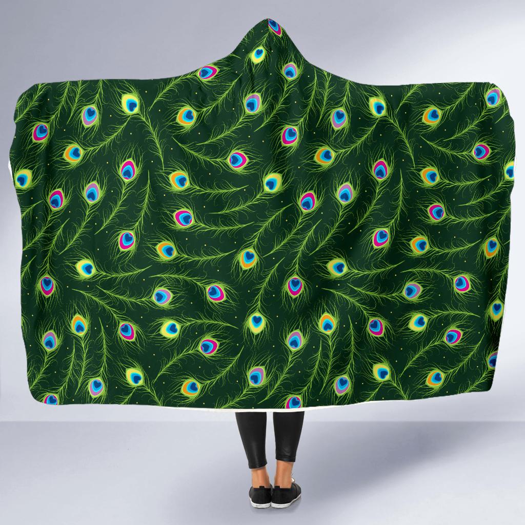 Peacock Feather Green Design Print Hooded Blanket-JTAMIGO.COM