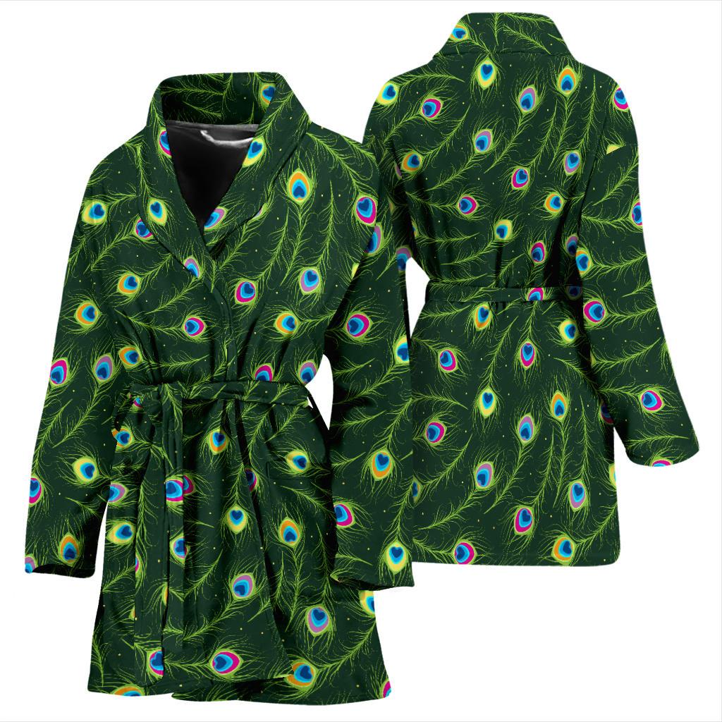 Peacock Feather Green Design Print Women Bath Robe-JTAMIGO.COM